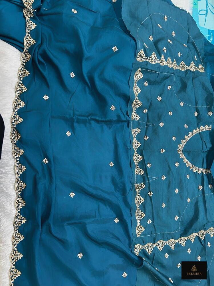 Teal Satin Silk Saree - Image 7