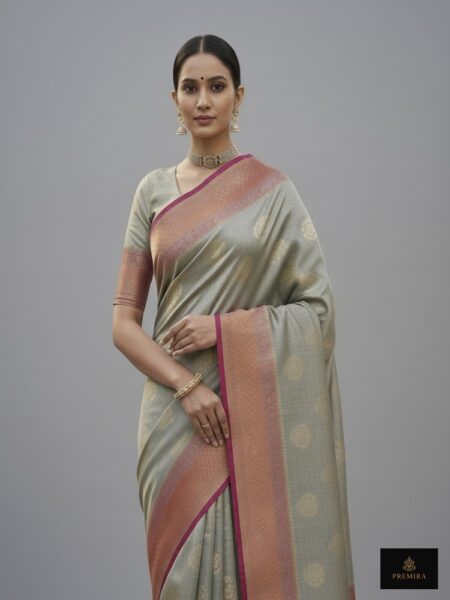 Sage-Crimson Heritage Silk Saree