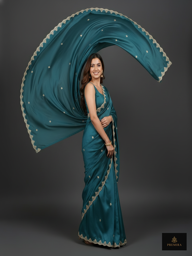 Teal Satin Silk Saree - Image 2