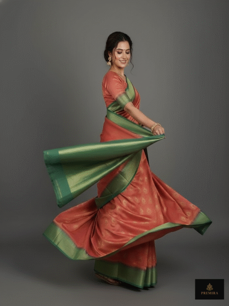 Tangerine-Forest Green Zari Saree