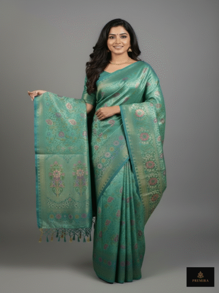 Teal Blossom Banarasi Silk Saree