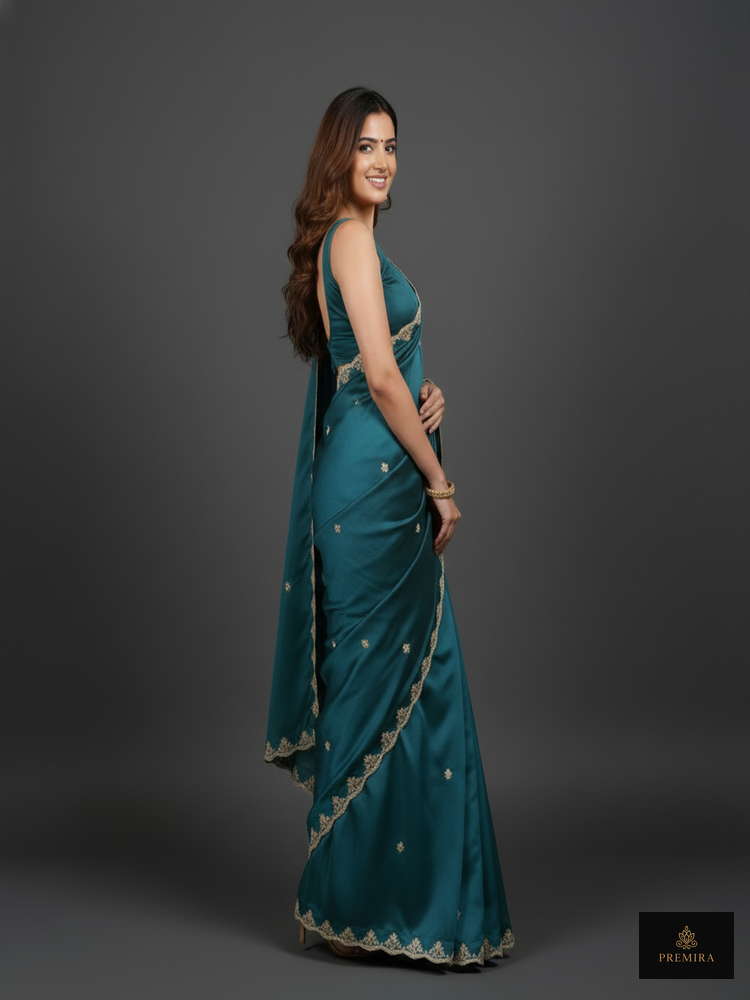 Teal Satin Silk Saree - Image 4