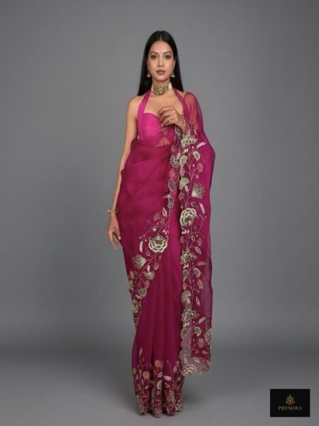 Magenta Organza Saree with Embroidery