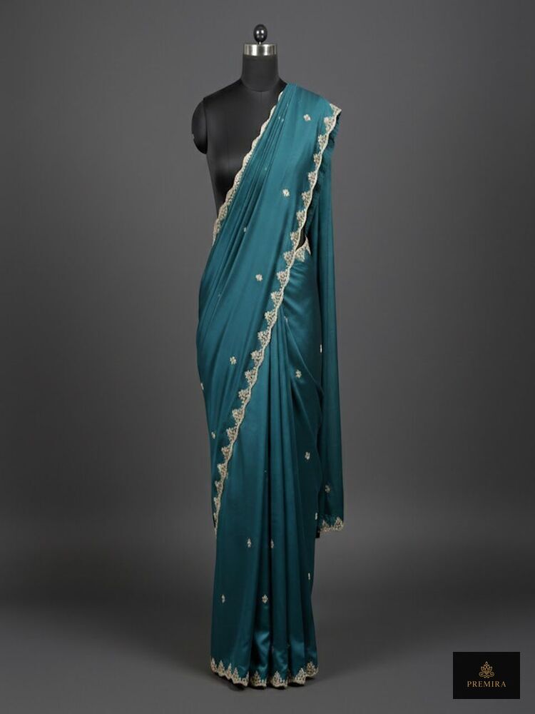 Teal Satin Silk Saree - Image 5